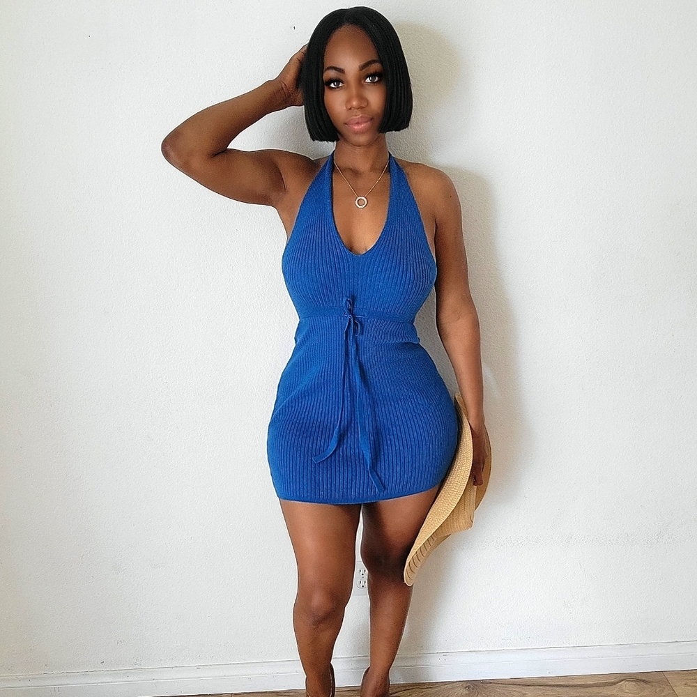 Knit mini halter dress with drawstring